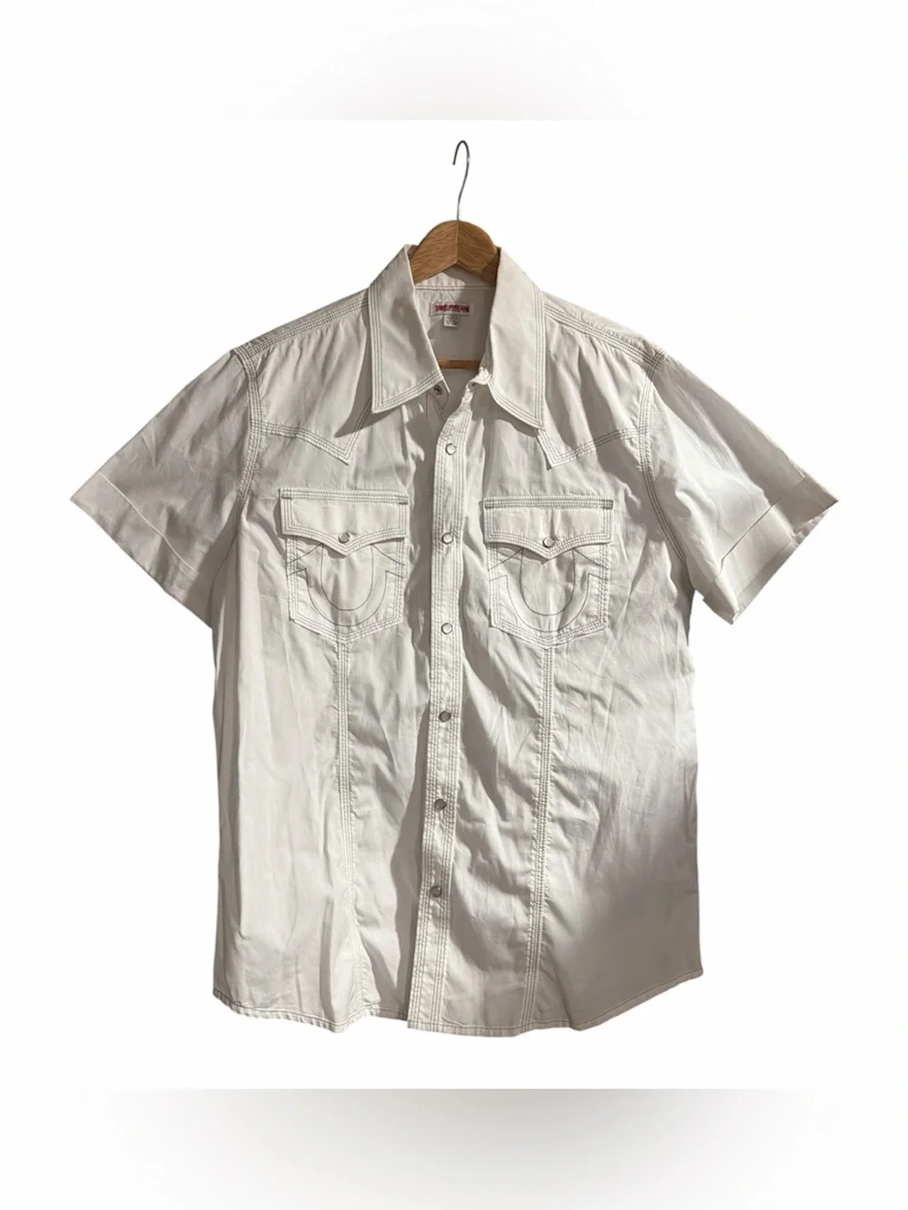True Religion Men’s White Short Sleeve Shirt Pearl Snap Buttons